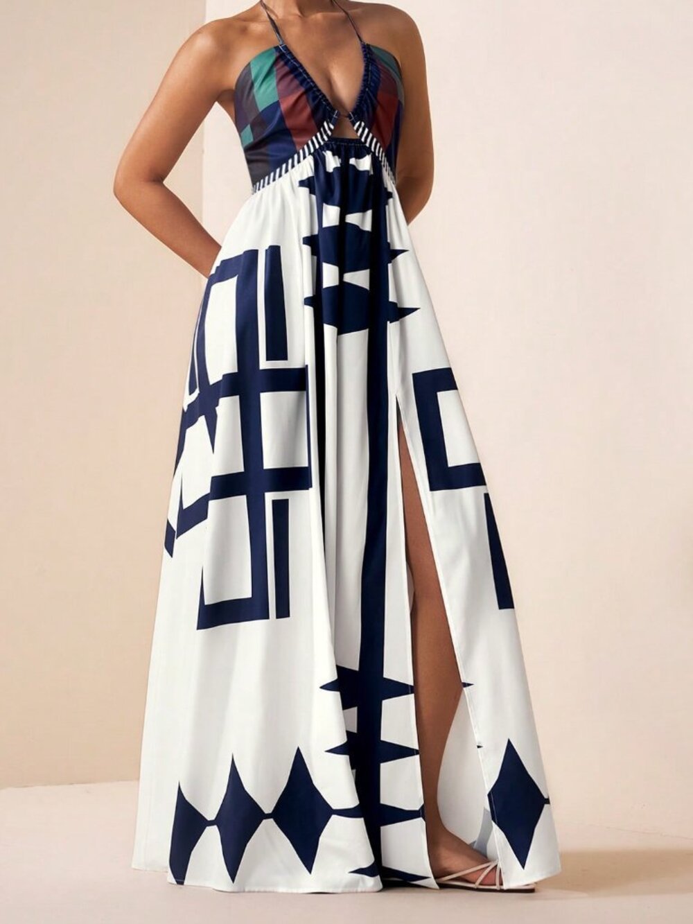 Multicolor Boho Women's Maxi Dress with Spaghetti Straps and Deep V-Neck - Picture 6 of 9
